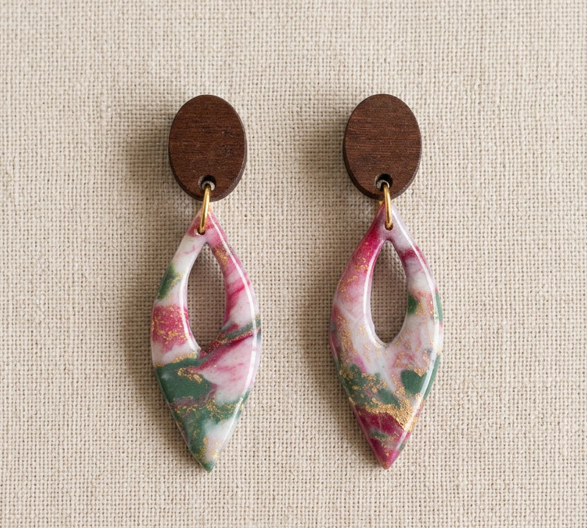 Dangle Earrings in Faux Green/Pink Marble with Wood Stud