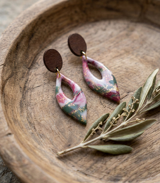 Dangle Earrings in Faux Green/Pink Marble with Wood Stud