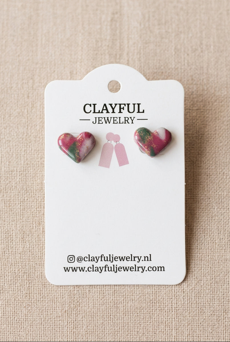 Little Heart Studs in Faux Green/Pink Marble