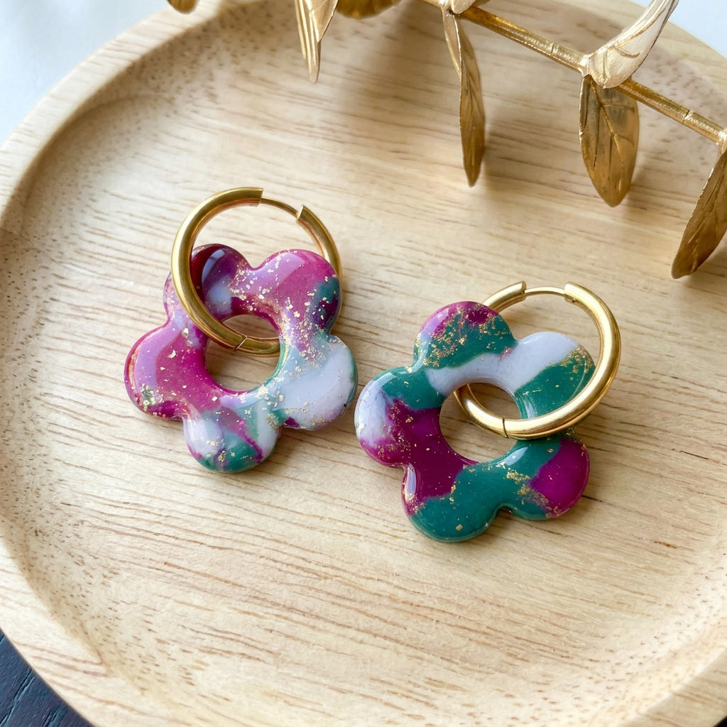 Creoles Earrings in Faux Green/Pink Marble
