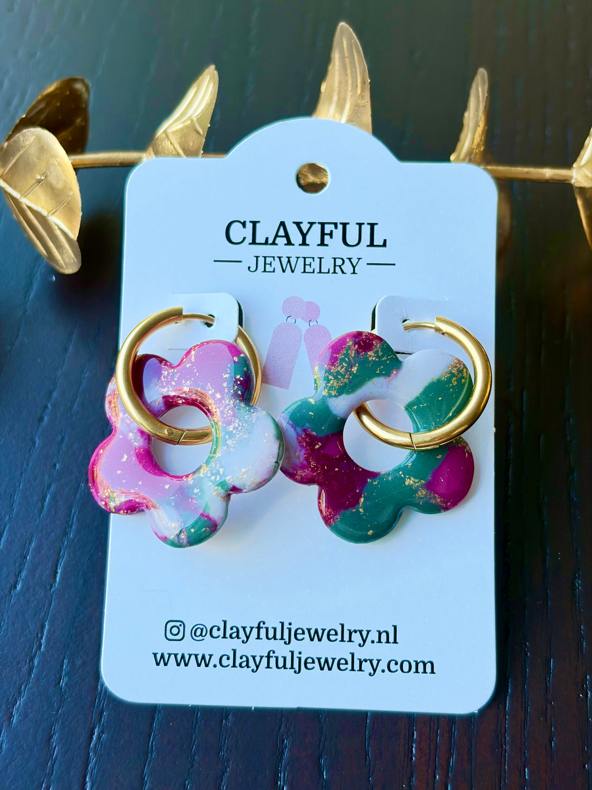 Creoles Earrings in Faux Green/Pink Marble