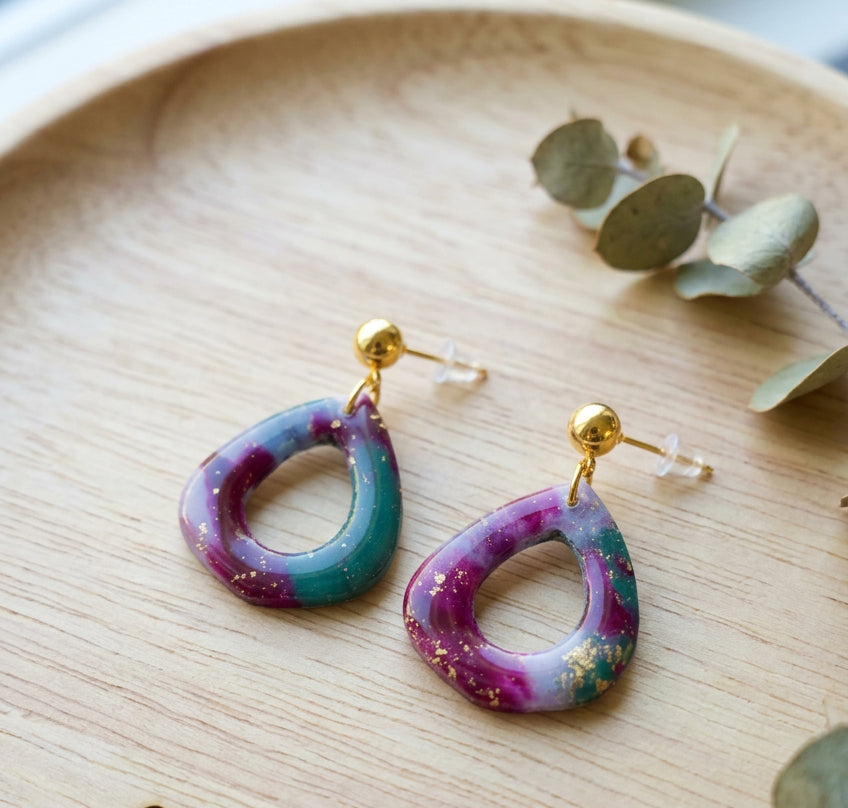 Dangle Earrings in Faux Green/Pink Marble