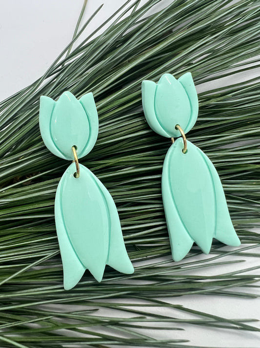 Tulips Dangles in Green with Walnut Wood Stud