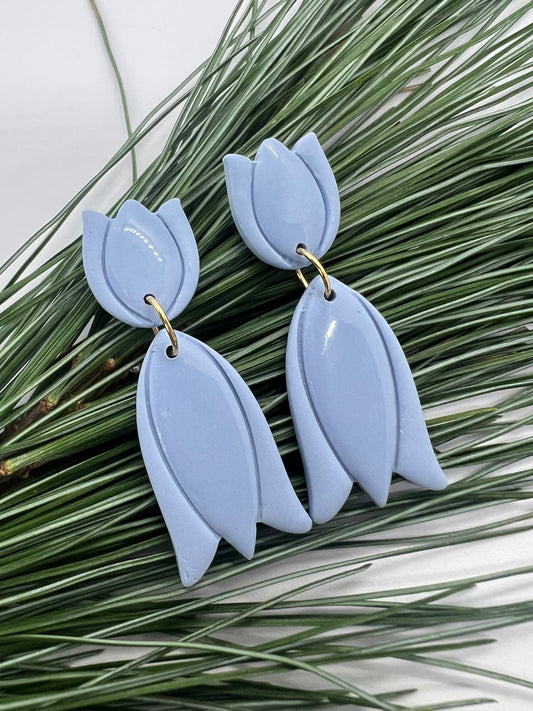 Tulips Dangles in Blue with Walnut Wood Stud