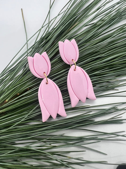 Tulips Dangles in Pink with Walnut Wood Stud