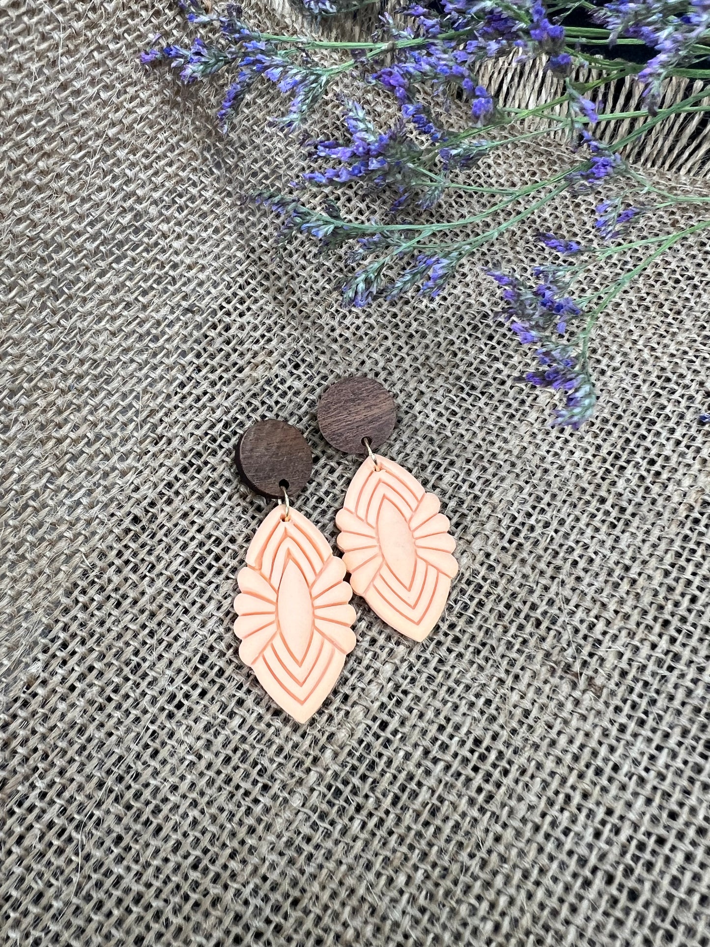 Silvia Dangles in Peach with Walnut Wood Stud