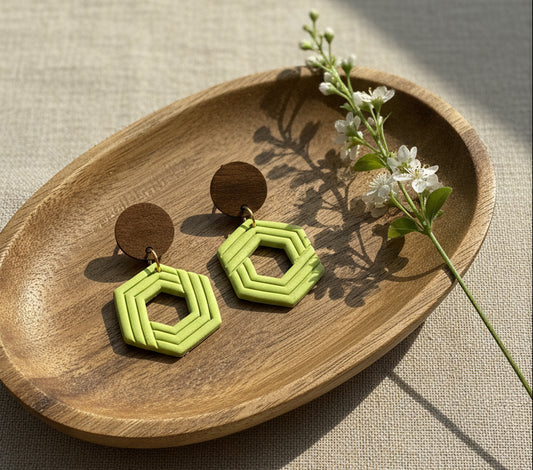 Silvia Dangles in Green with Walnut Wood Stud