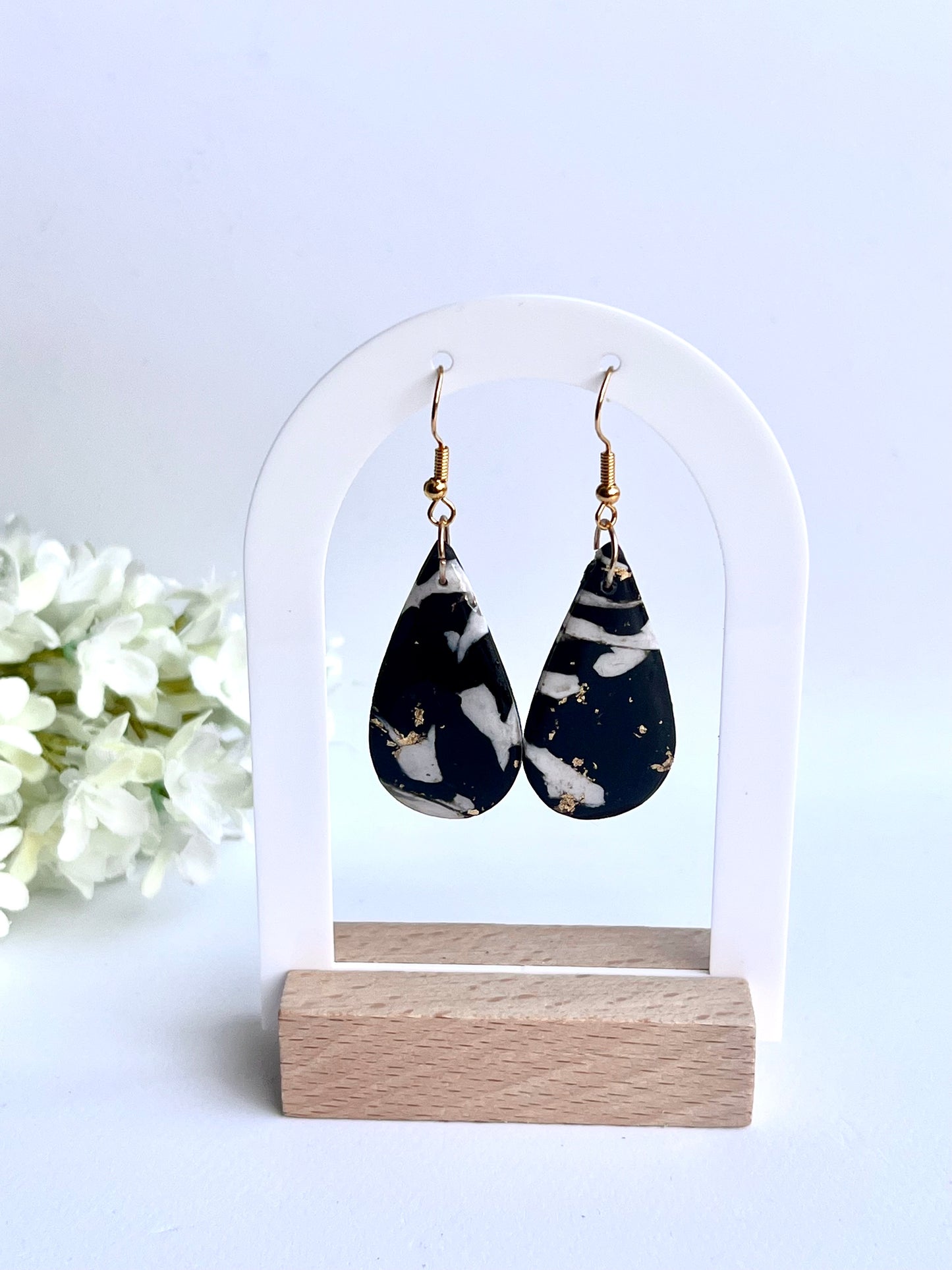 Faux Black and White Marble Dangles with a Touch of Gold Glitter