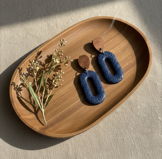 Silvia Dangles in Navy Blue with Walnut Wood Stud