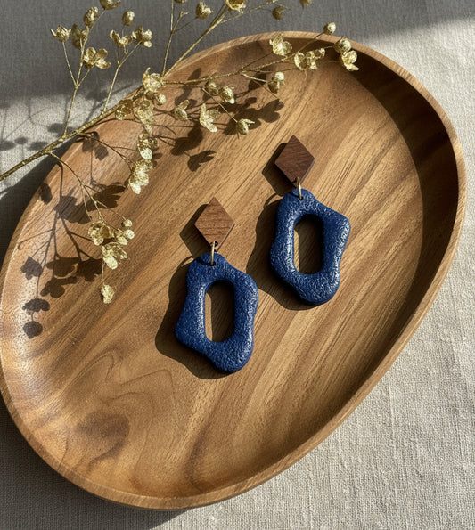 Silvia Dangles in Navy Blue with Walnut Wood Stud
