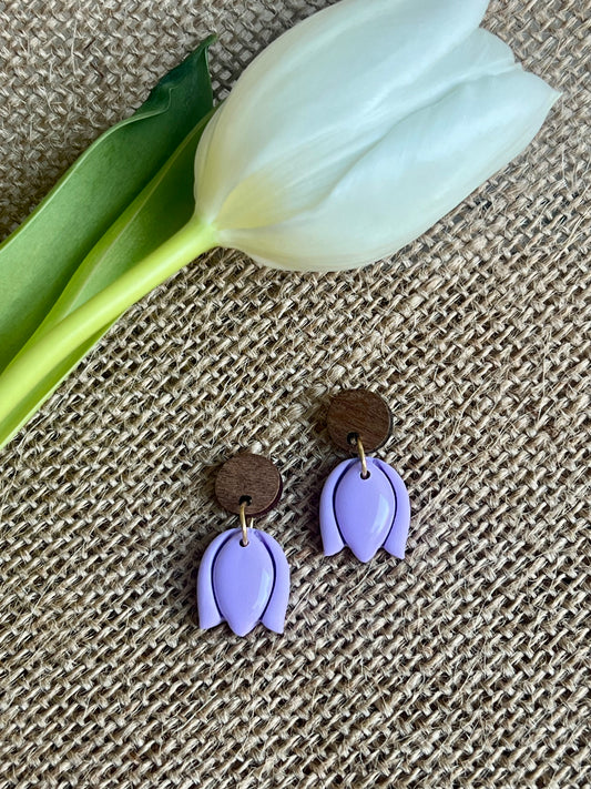 Tulips Dangles in Lavender Blue with Walnut Wood Stud