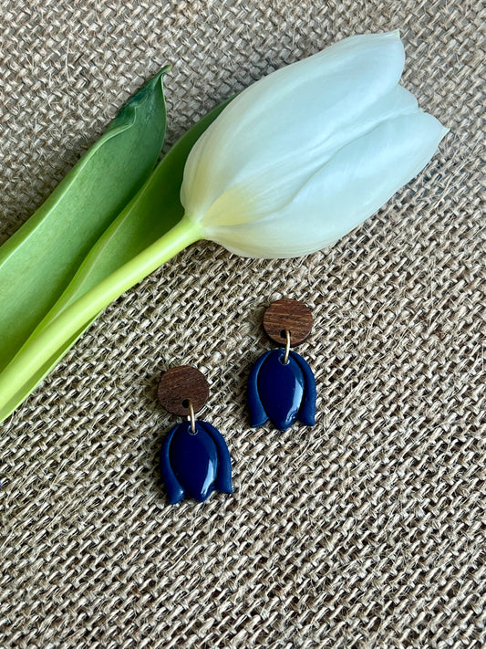 Tulips Dangles in Navy Blue with Walnut Wood Stud