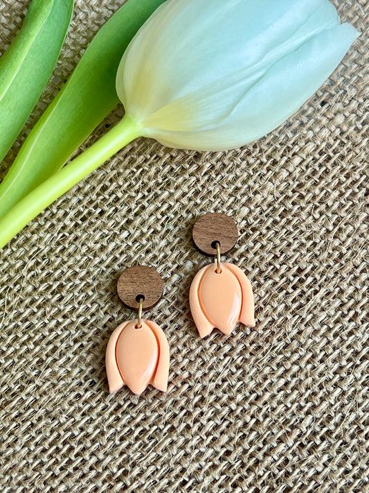 Tulips Dangles in Peach with Walnut Wood Stud