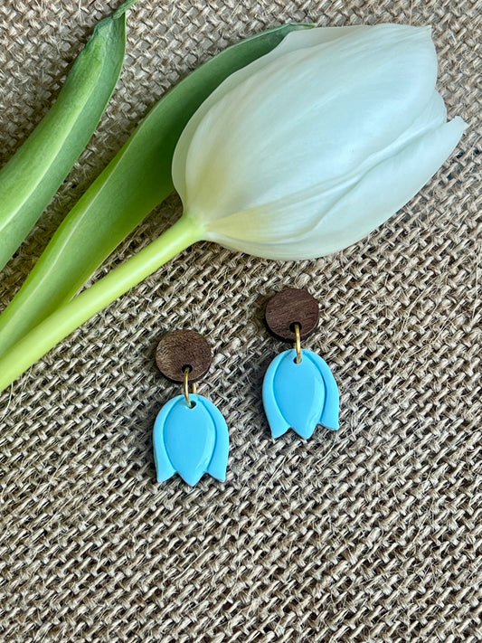 Tulips Dangles in Baby Blue with Walnut Wood Stud