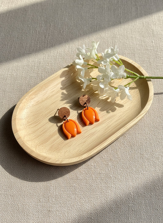 Orange Tulip Dangles with Walnut Wood Studs