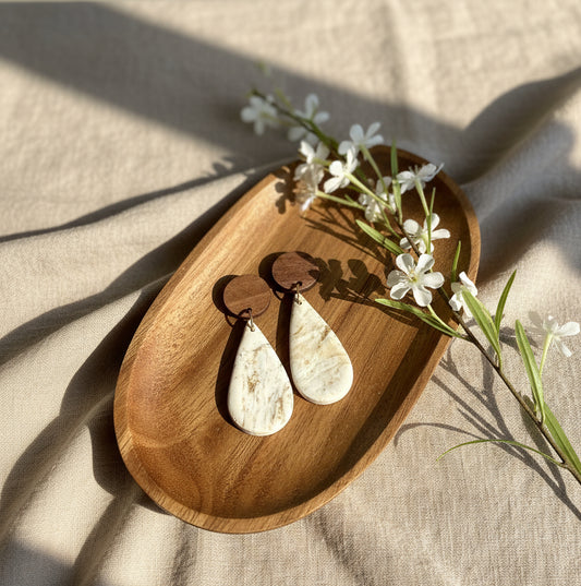 Faux Marble Dangles in Beige Gold with Walnut Wood Studs