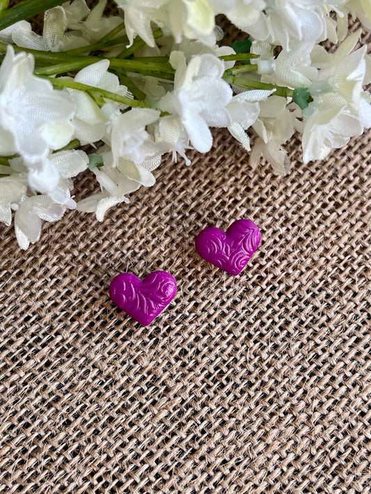 Textured Heart Shape Studs in Plum Color