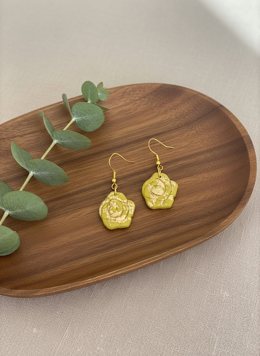Floral Dangle Earrings in Olive Green with a Touch Gold