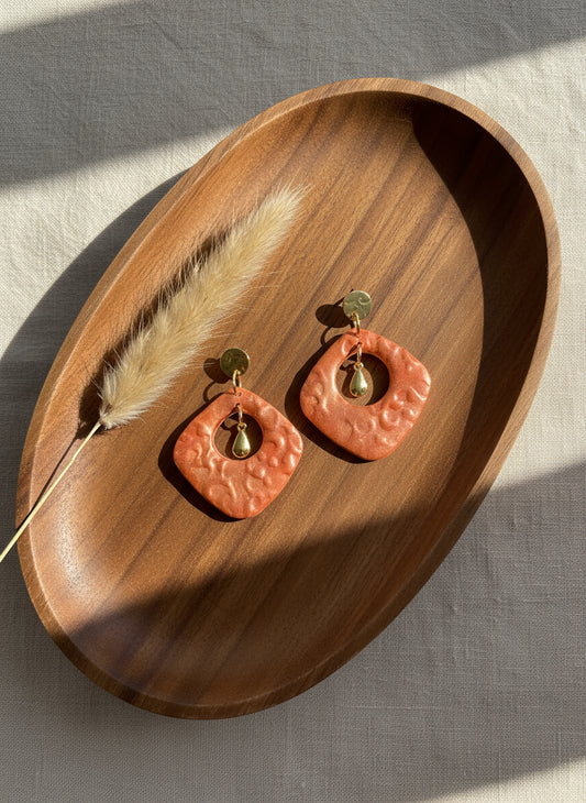 Dark Orange Dangle Earrings with Copper Effect