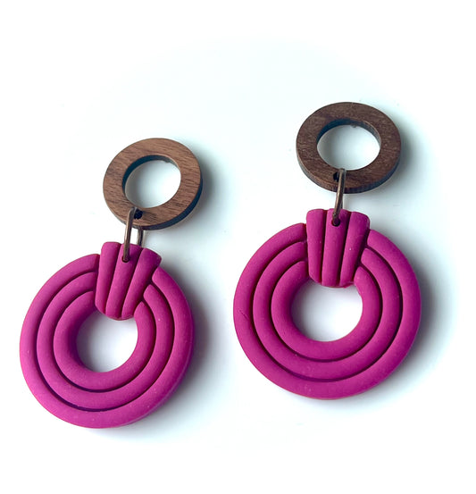 Silvia Dangles in Fuchsia with Walnut Wood Stud