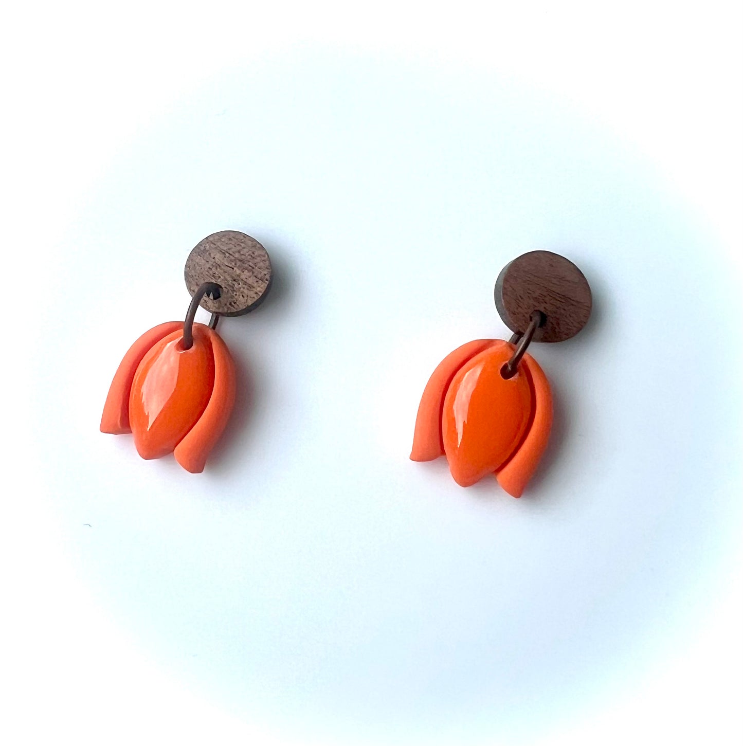 Orange Tulip Dangles with Walnut Wood Studs