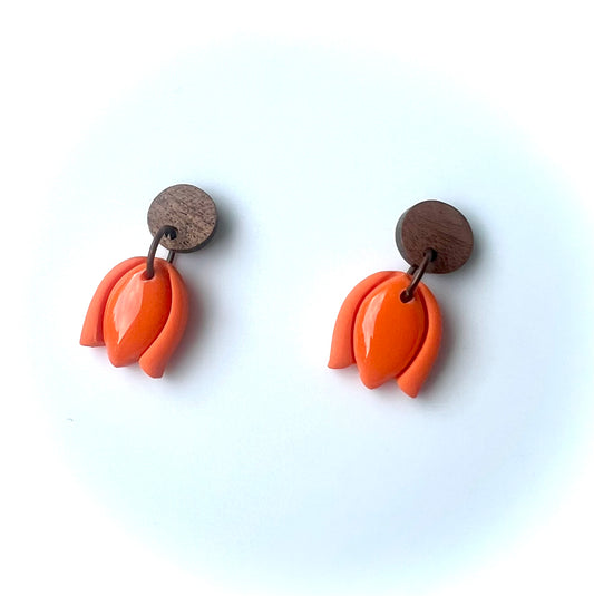Orange Tulip Dangles with Walnut Wood Studs