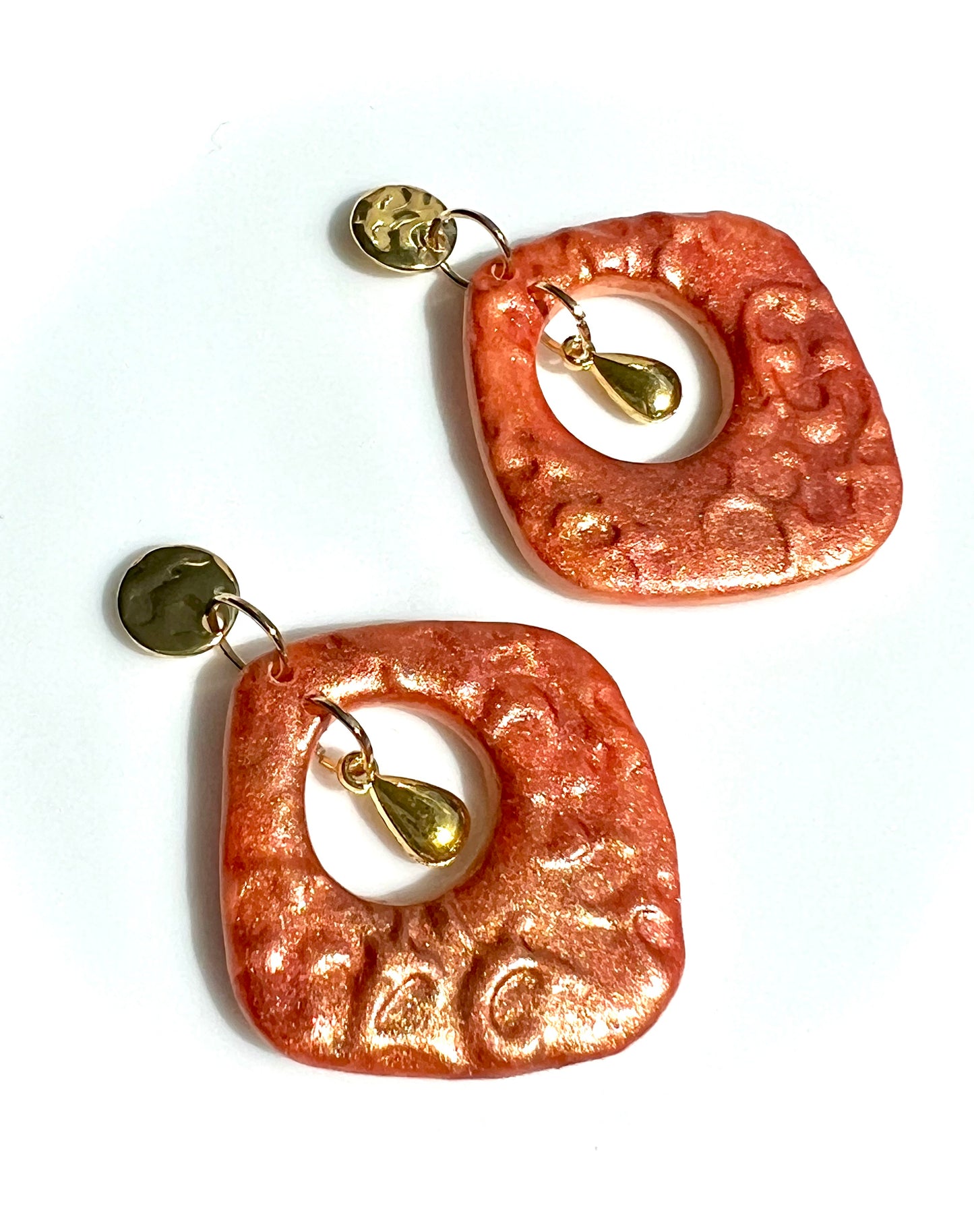 Dark Orange Dangle Earrings with Copper Effect