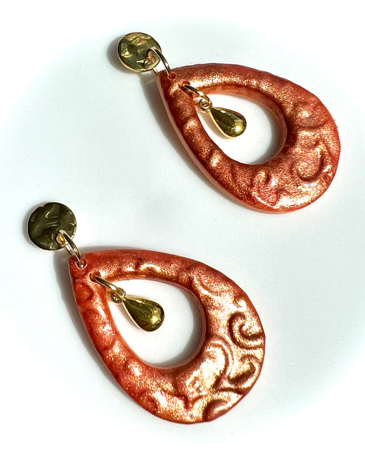 Dark Orange Teardrops Earrings with Copper Effet
