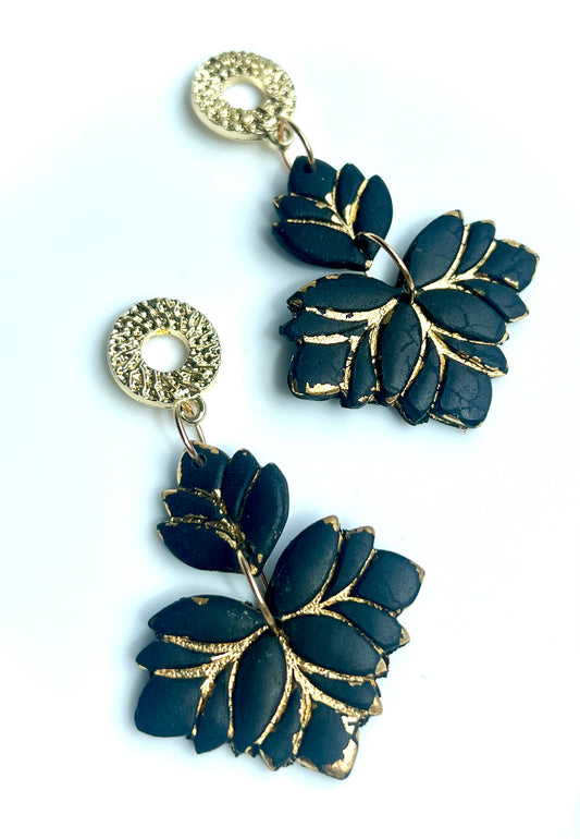 Black Flowers Dangles with Melted Gold Details
