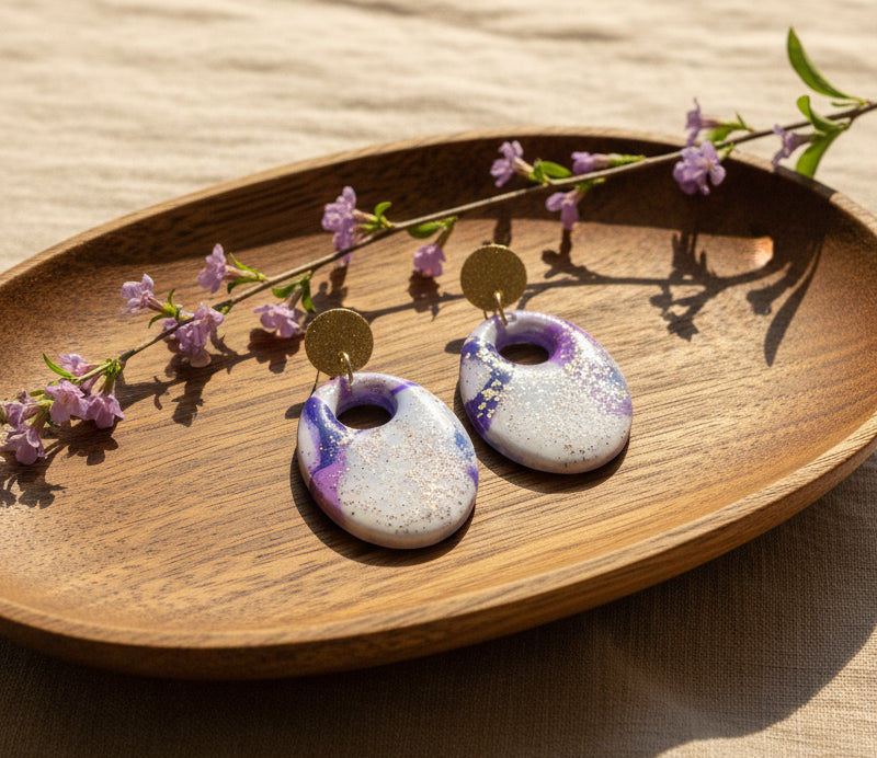 Faux Purple and White Marble Dangles with a Touch of Gold Glitter