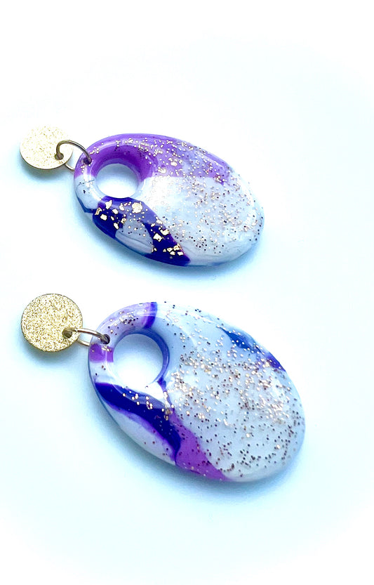 Faux Purple and White Marble Dangles with a Touch of Gold Glitter