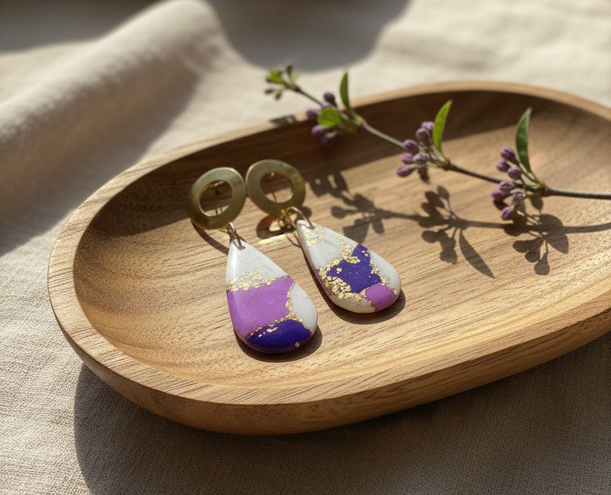 Faux Purple and White Marble Dangles with a Touch of Gold