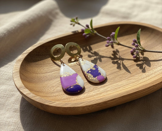 Faux Purple and White Marble Dangles with a Touch of Gold