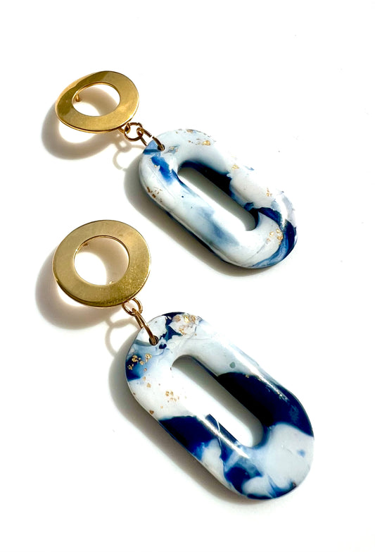 Faux Blue and White Marble Dangles with a Touch of Gold Glitter