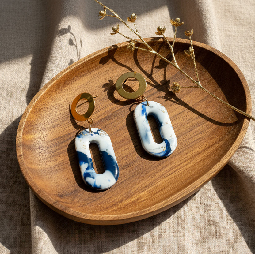 Faux Blue and White Marble Dangles with a Touch of Gold Glitter
