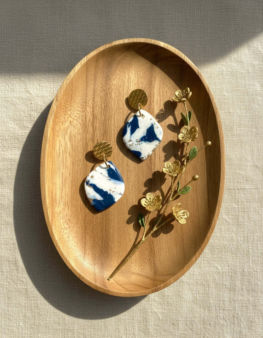 Faux Blue and White Marble Dangles with a Touch of Gold Glitter