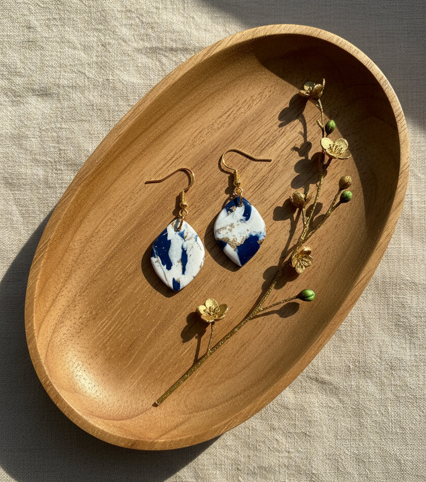 Faux Blue and White Marble Dangles with a Touch of Gold Glitter