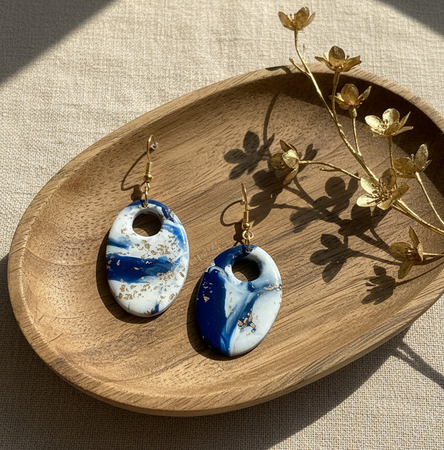 Faux Blue and White Marble Dangles with a Touch of Gold Glitter
