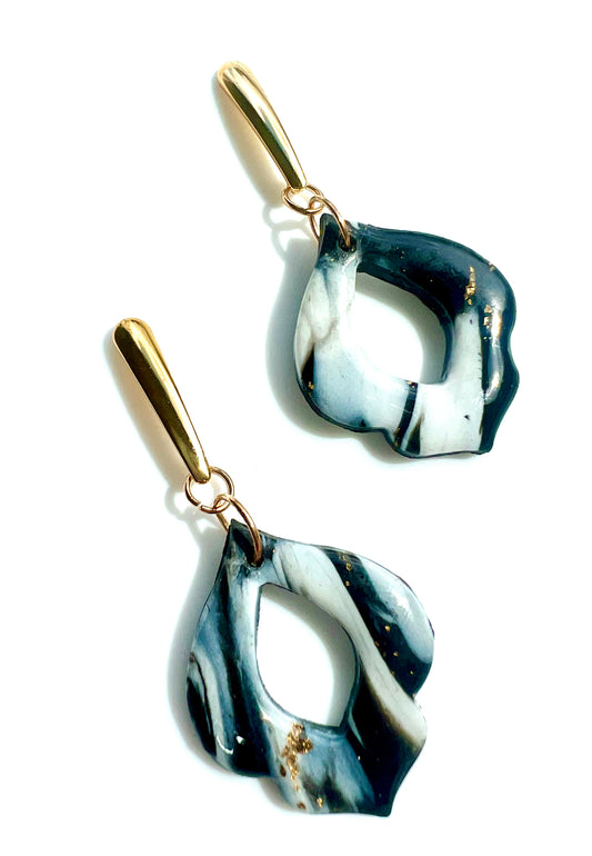 Faux Black and White Marble Dangles with a Touch of Gold Glitter