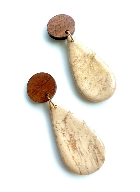 Faux Marble Dangles in Beige Gold with Walnut Wood Studs