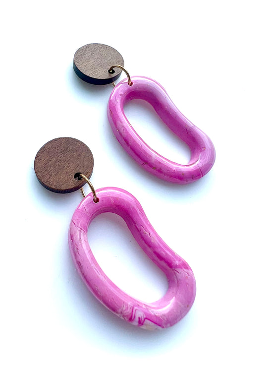 Glossy Pink Dangles with Walnut Wood Studs