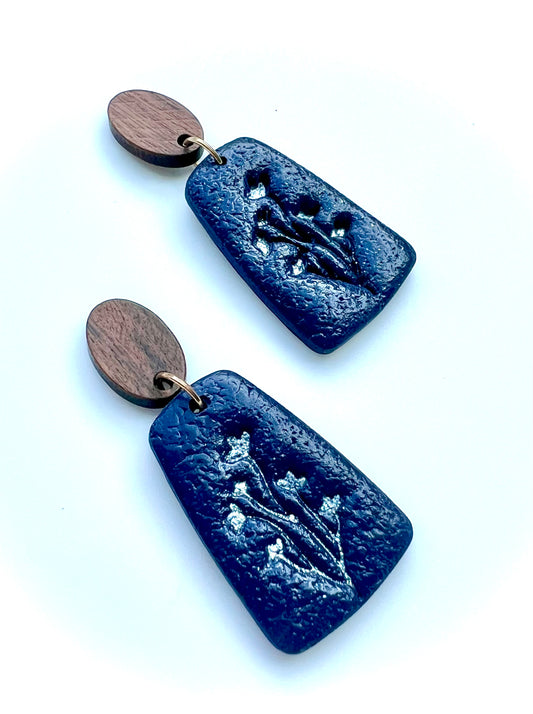 Dangle Earrings in Navy Blue with Pressed Leaf Effect