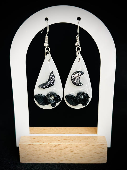 Halloween Dangles in Grey with Bat and Moon Details