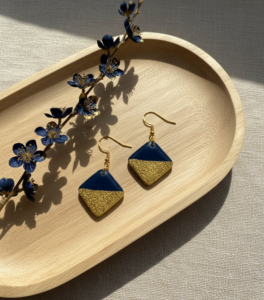 Geometric Navy Blue and gold Dangles