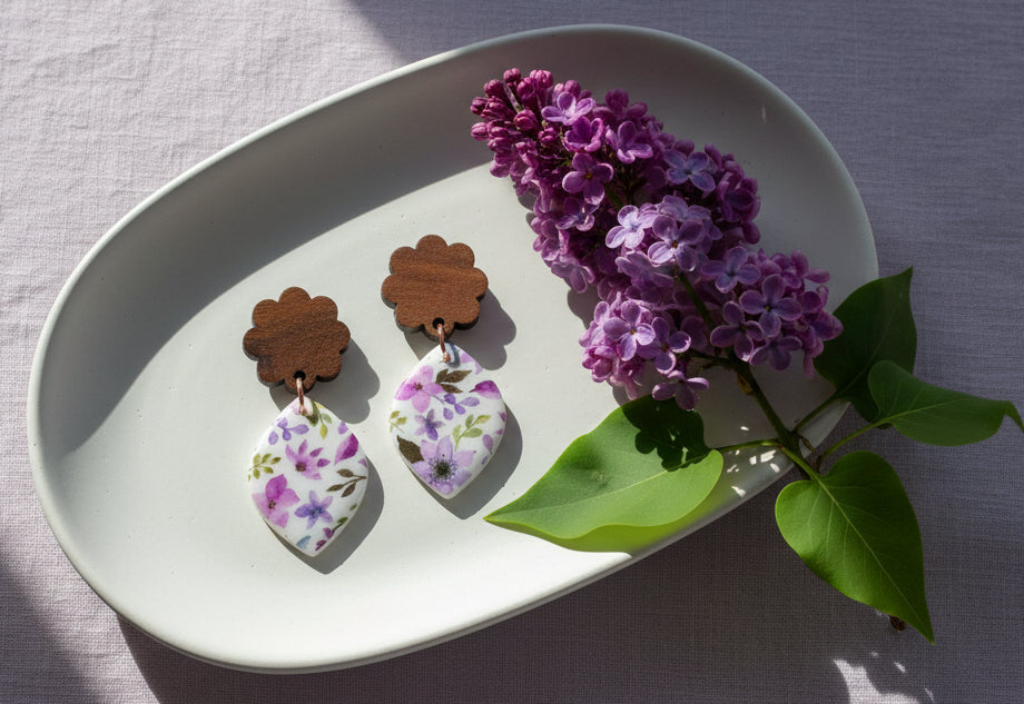 Floral Dangle Earrings with Flower Wood Stud