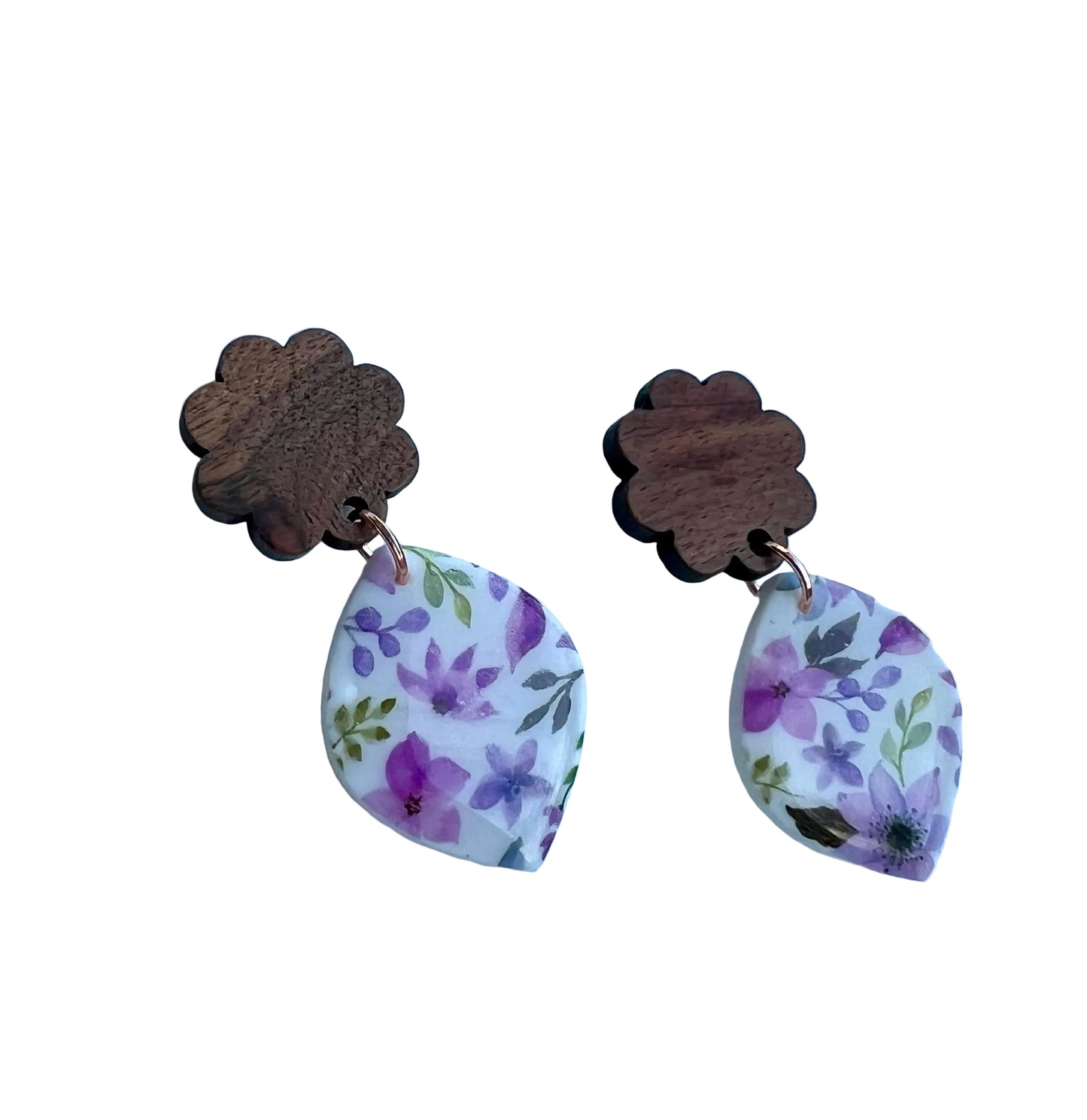 Floral Dangle Earrings with Flower Wood Stud