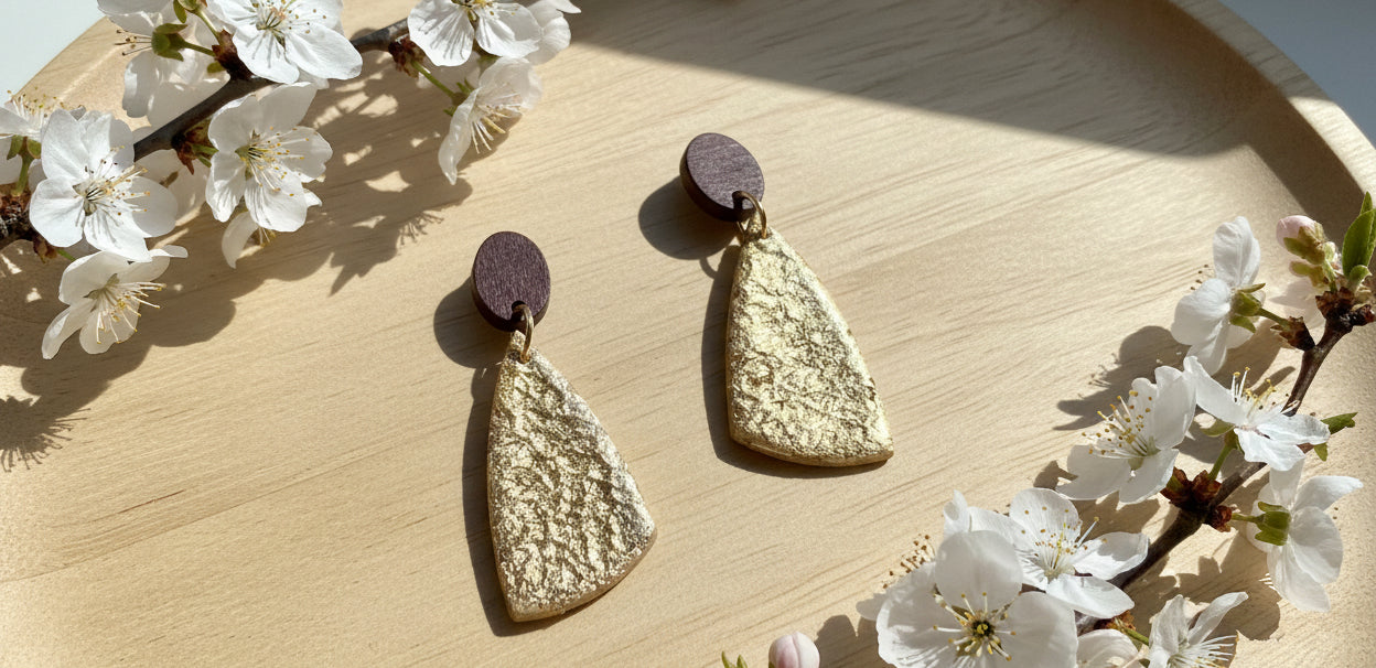 Dangle Earrings with Hammered Gold Texture