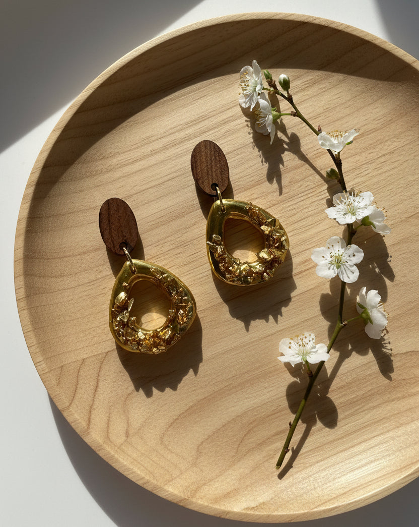 Dangle Earrings with Wood Stud and Gold Crushed Glass Effects