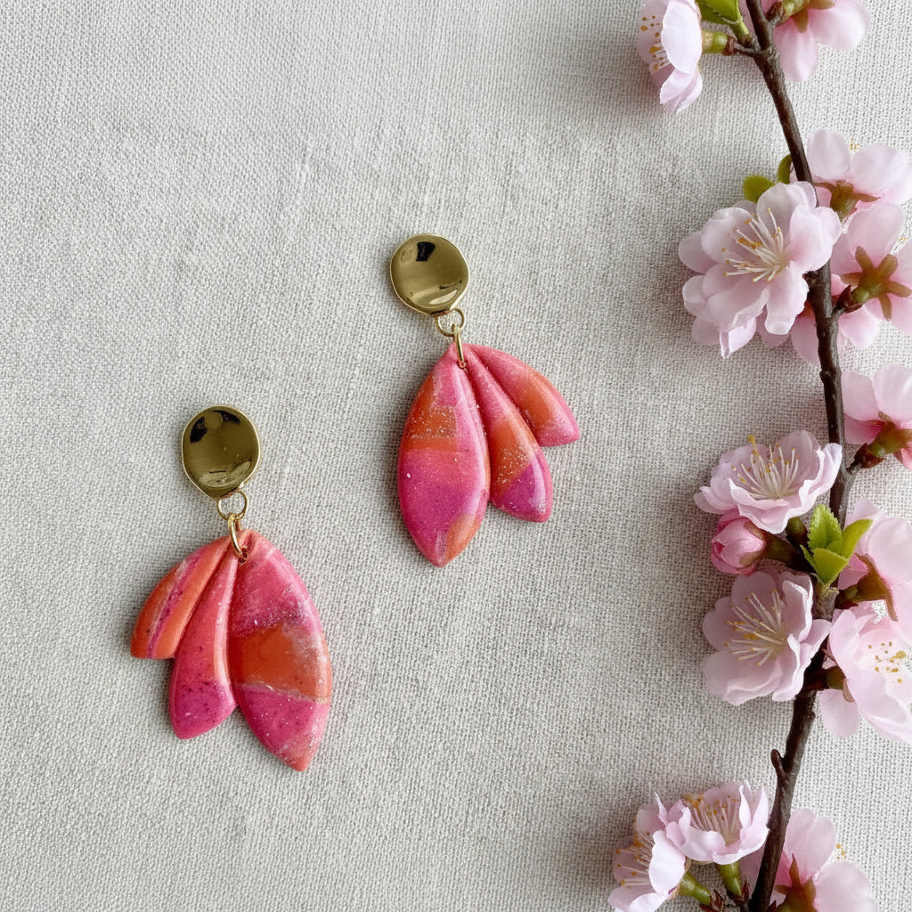 Dangle Earrings in Orange and Pink with a touch of Gold Glitter
