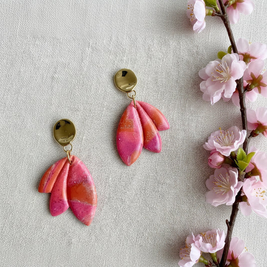 Dangle Earrings in Orange and Pink with a touch of Gold Glitter